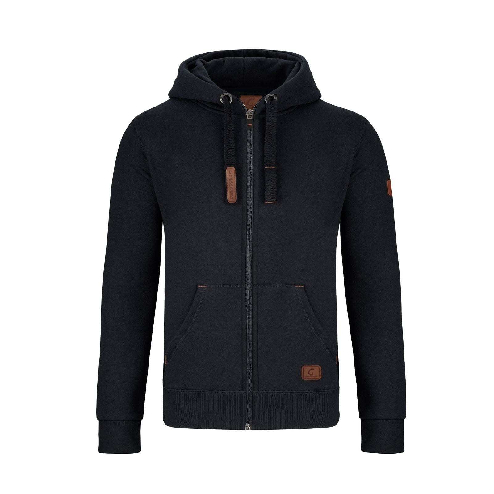 Warme GYMAMBA Sweatjacke Herren mit Lederpatches und Kapuze schwarz