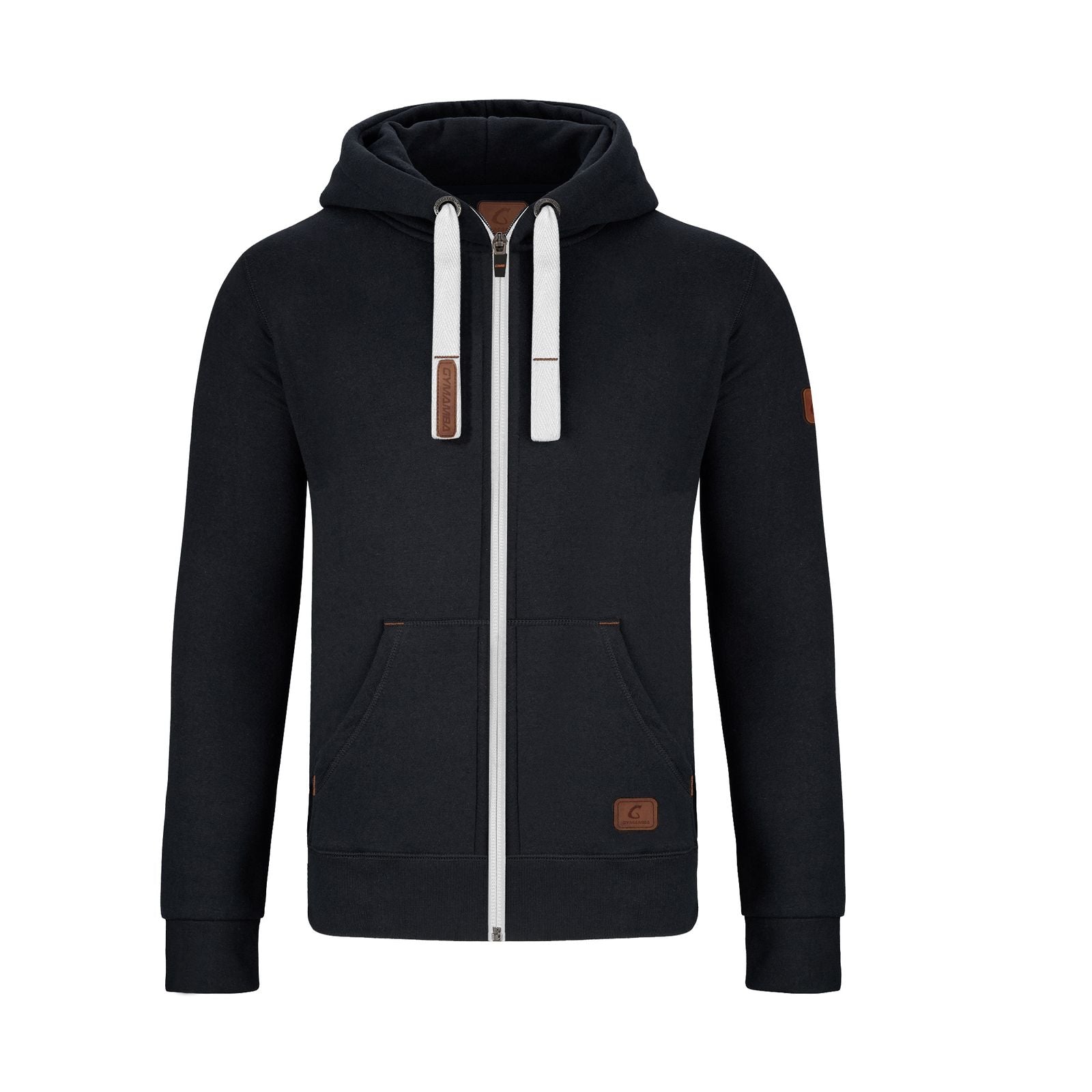 Warme GYMAMBA Sweatjacke Herren mit Lederpatches und Kapuze schwarz/weiß