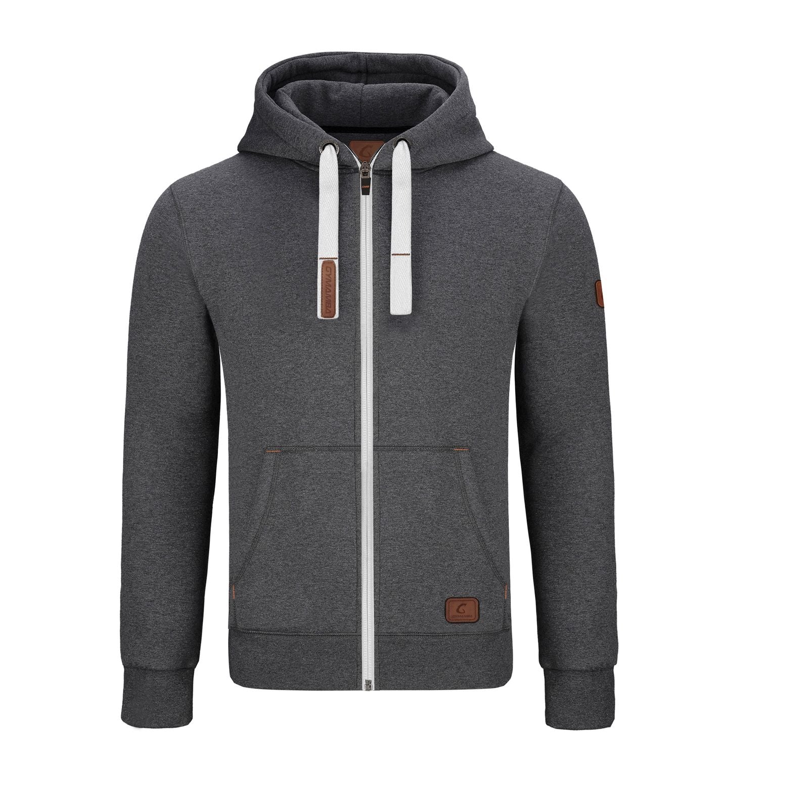 Warme GYMAMBA Sweatjacke Herren mit Lederpatches und Kapuze dunkelgrau/weiß