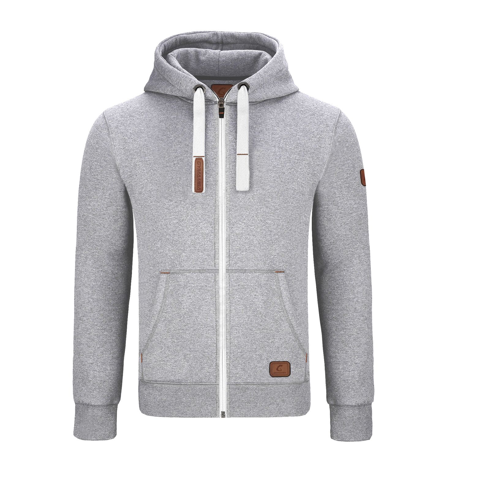 Warme GYMAMBA Sweatjacke Herren mit Lederpatches und Kapuze hellgrau/weiß