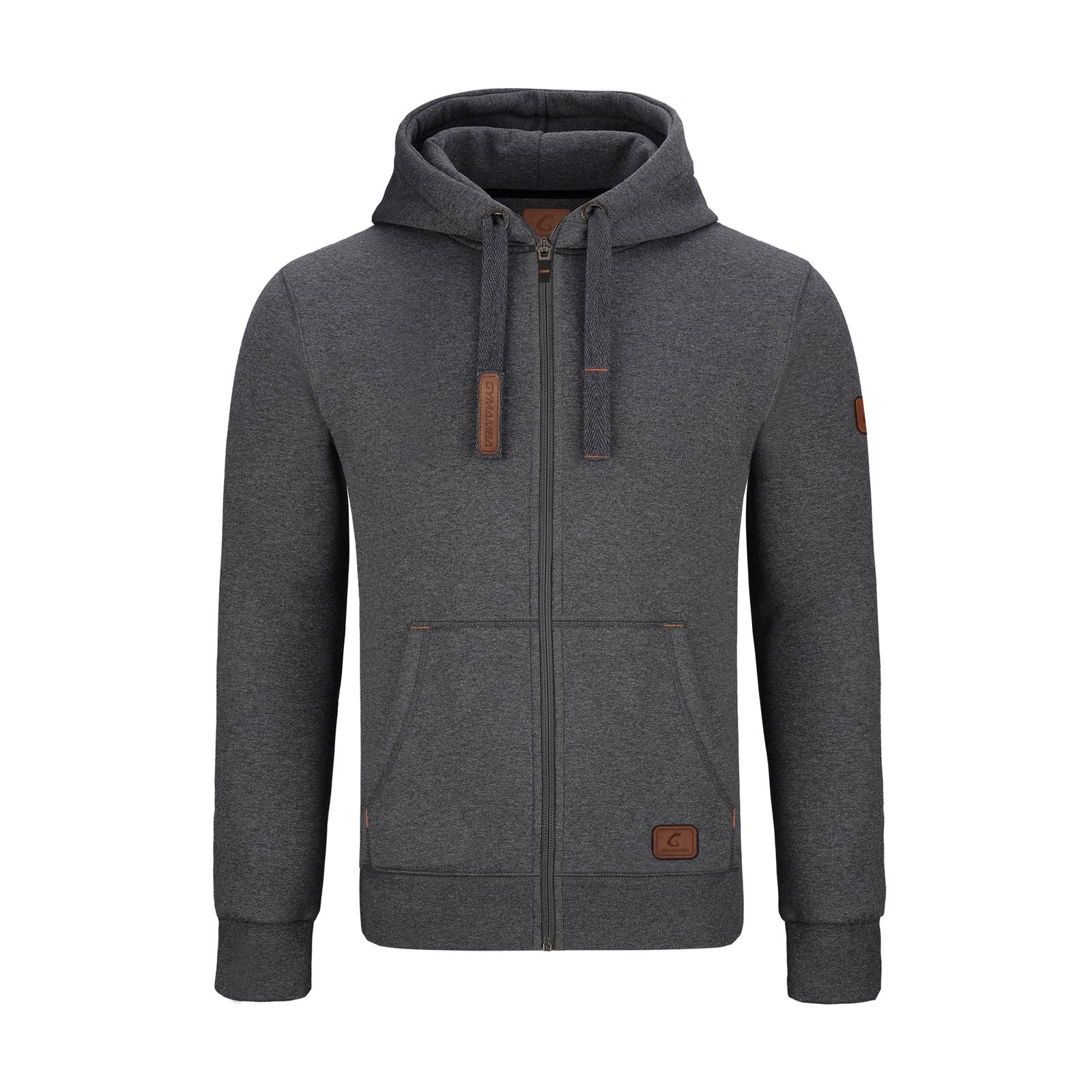 Warme GYMAMBA Sweatjacke Herren mit Lederpatches und Kapuze dunkelgrau