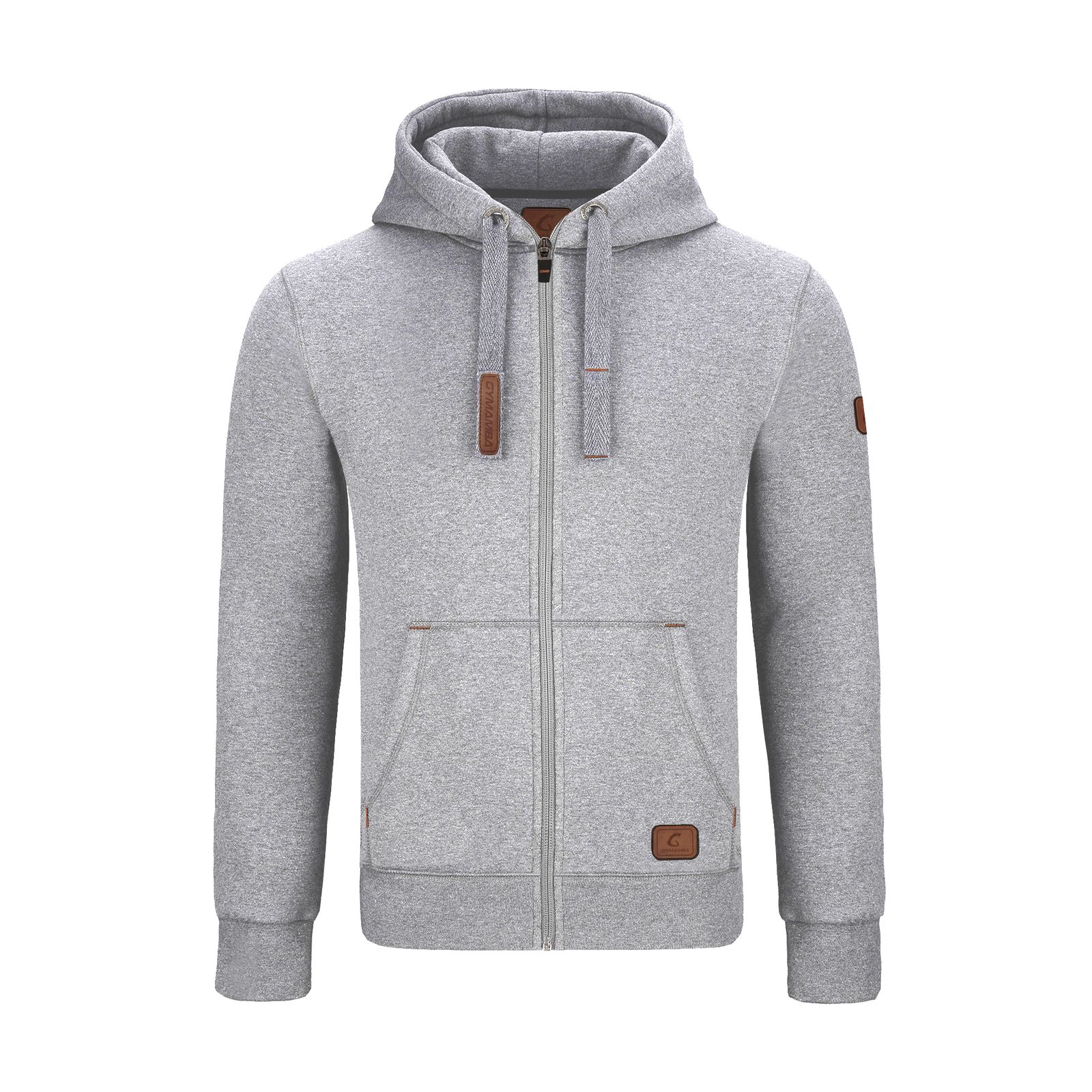 Warme GYMAMBA Sweatjacke Herren mit Lederpatches und Kapuze hellgrau